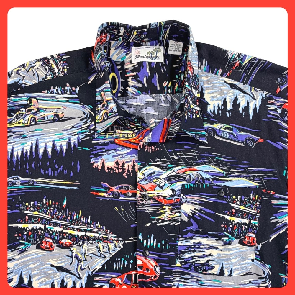 Vintage Hawaiian Shirt Monticerutti Men 2XL‎ Tall Black Grand Prix Race Car AOP